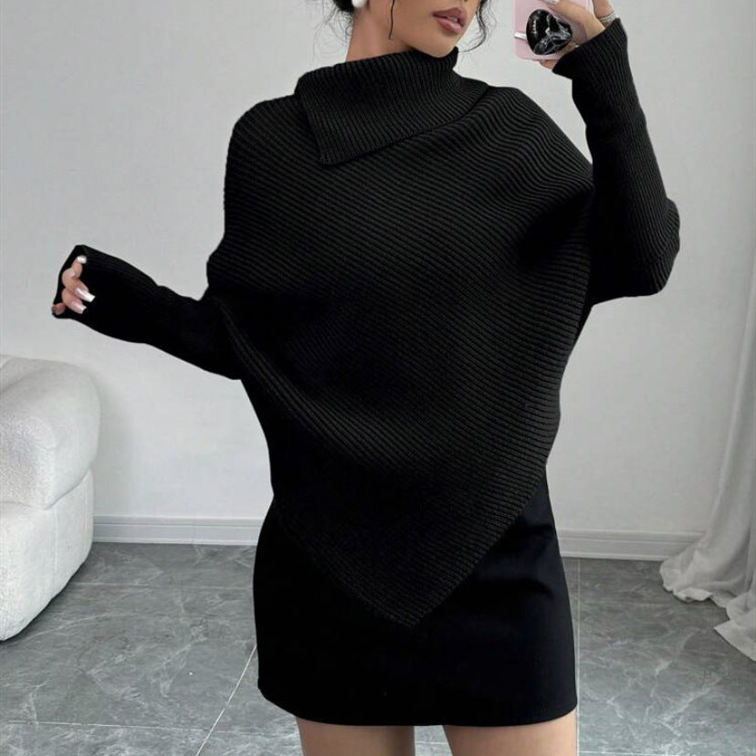 Damen Asymmetrischer Rippenstrick-Poncho mit hohem Rollkragen und verlängerten Ärmeln Drune