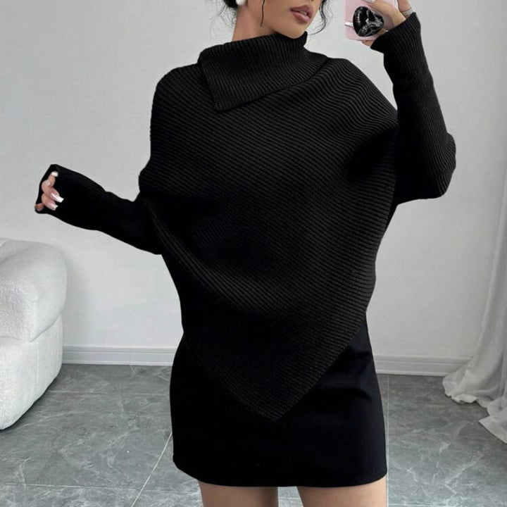 Damen Asymmetrischer Rippenstrick-Poncho mit hohem Rollkragen und verlängerten Ärmeln Drune