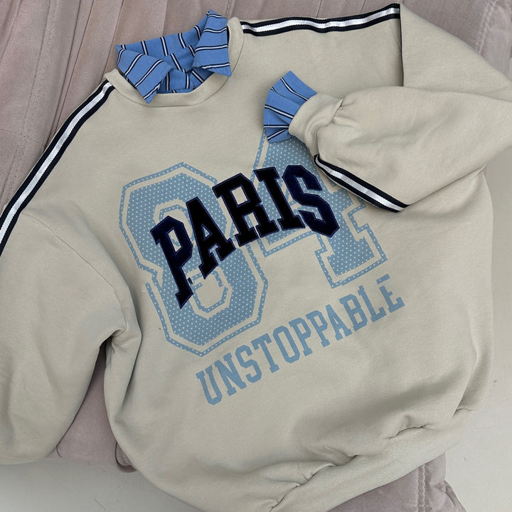 Damen Oversized Sweatshirt mit modischem Paris-Print und gestreiften Akzenten Drune