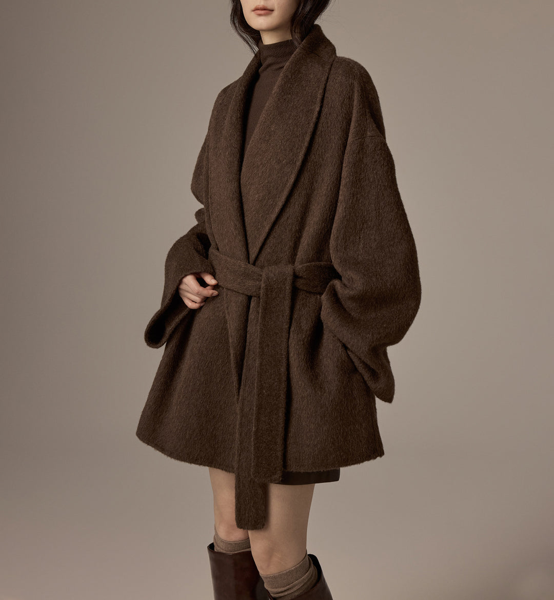 Damen Oversized Wollmantel mit Gürtel Drune