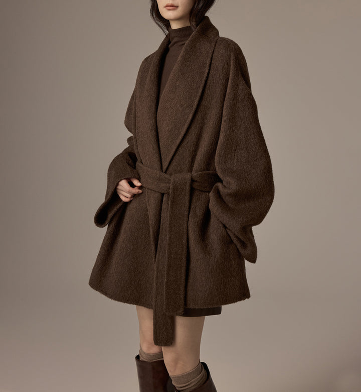 Damen Oversized Wollmantel mit Gürtel Drune