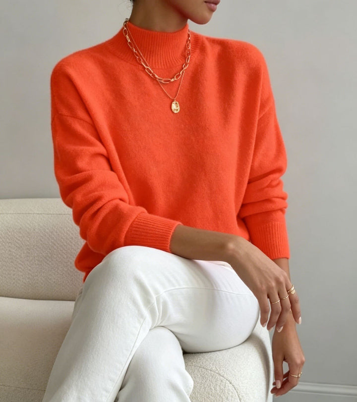 Damen kuscheliger Feinstrickpullover mit Stehkragen und überschnittener Schulter Drune