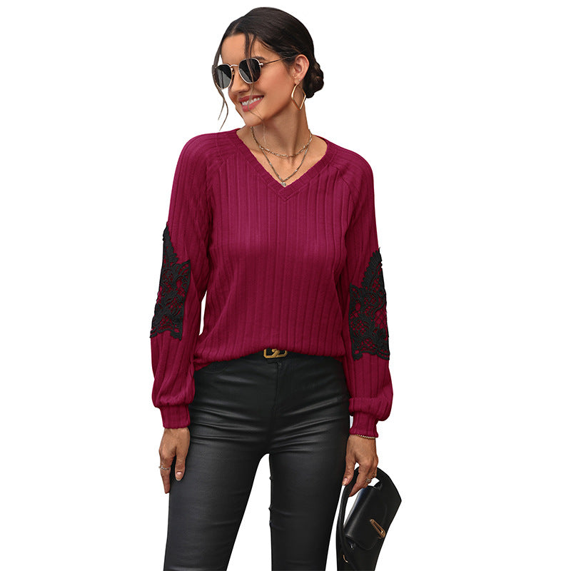 Damen Geripptes Longsleeve mit V‑Ausschnitt, Spitzen‑Einsätzen an den Ellbogen und Ballonärmeln Drune