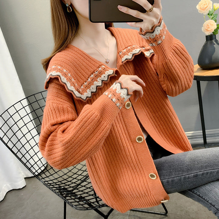 Damen Strickjacke mit kontrastierendem Kragen und Knopfdetails Drune