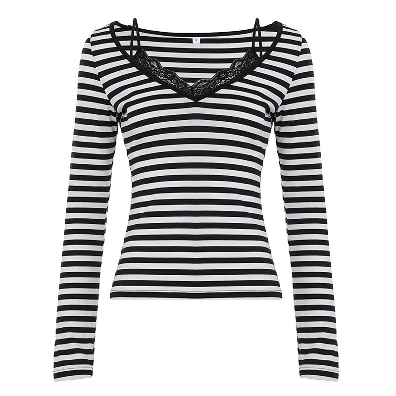 Damen nan gestreiftes Langarmshirt mit Spitzen‑V-Ausschnitt und Doppelspaghettiträger Drune