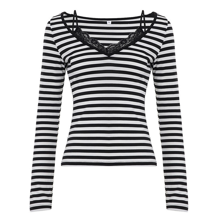 Damen nan gestreiftes Langarmshirt mit Spitzen‑V-Ausschnitt und Doppelspaghettiträger Drune