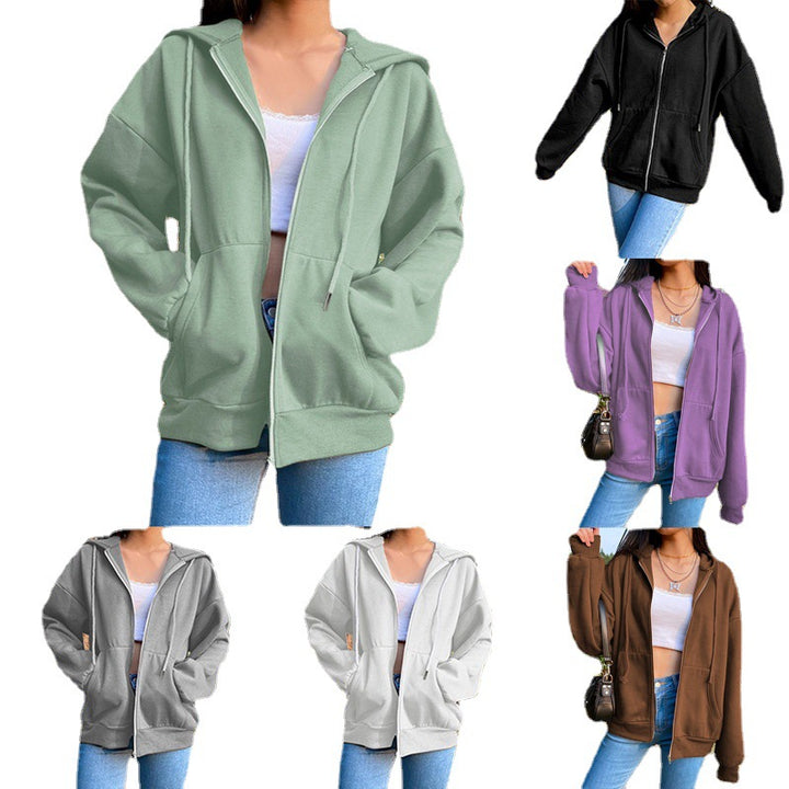 Damen nan legerer Kapuzen-Zipper mit Oversize-Passform, Kängurutaschen und durchgehendem Reißverschluss Drune