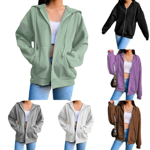 Damen nan legerer Kapuzen-Zipper mit Oversize-Passform, Kängurutaschen und durchgehendem Reißverschluss Drune
