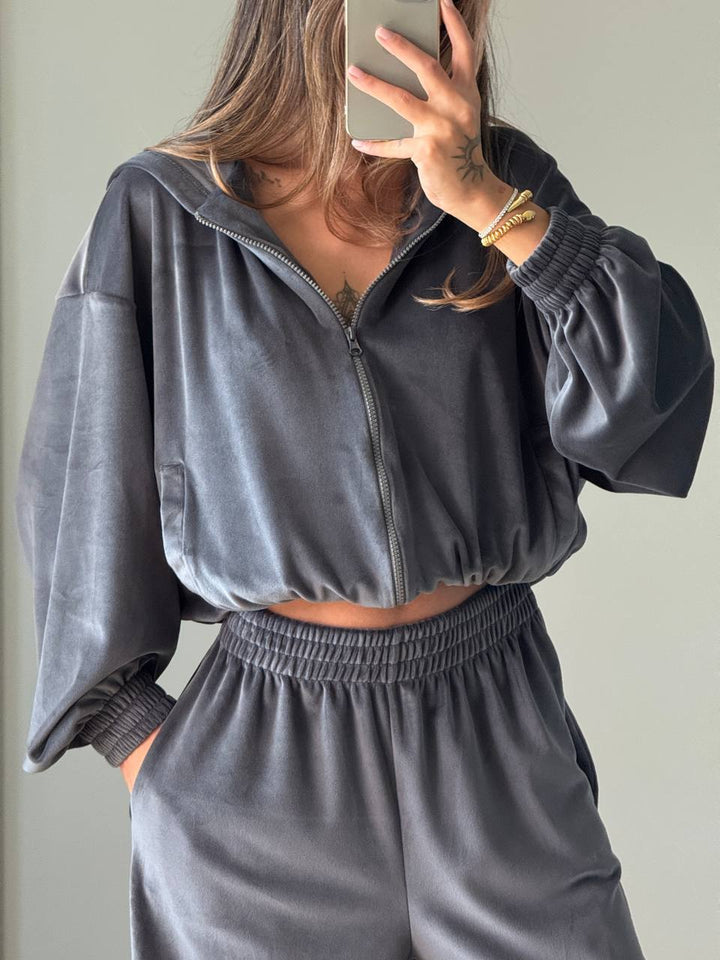 Damen Fleece-Loungewear-Anzug mit modernem Reißverschluss und weitem Schnitt Drune