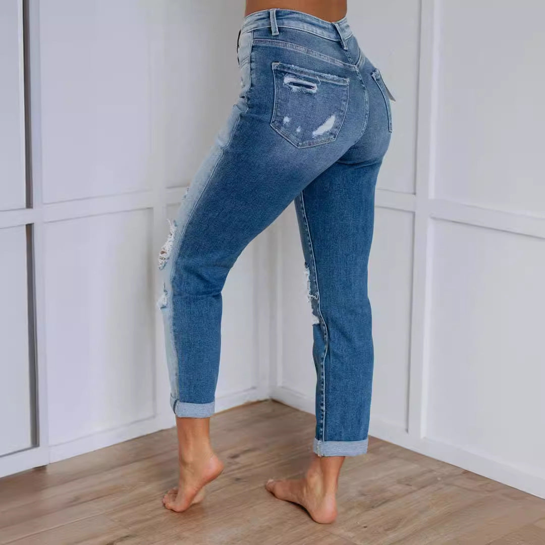 Damen High-Waist Skinny Jeans mit Destroyed-Effekten Drune