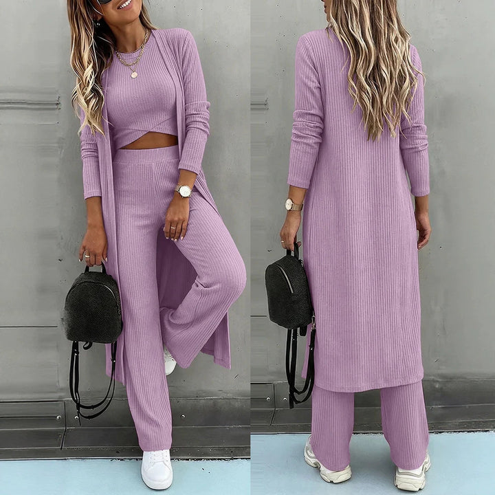 Damen Dreiteiliges Rippstrick-Loungewear-Set mit Longcardigan, bauchfreiem Top und weiter Palazzohose Drune