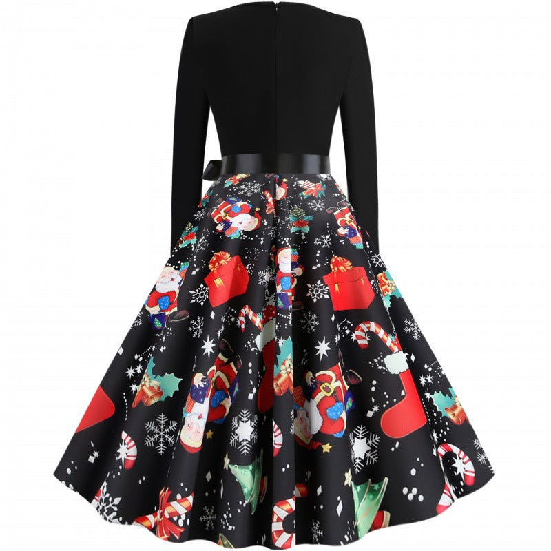 Damen Weihnachtliches Vintage-Swingkleid mit Santa- und Zuckerstangen-Print, tailliertem Oberteil und Satinschleife Drune