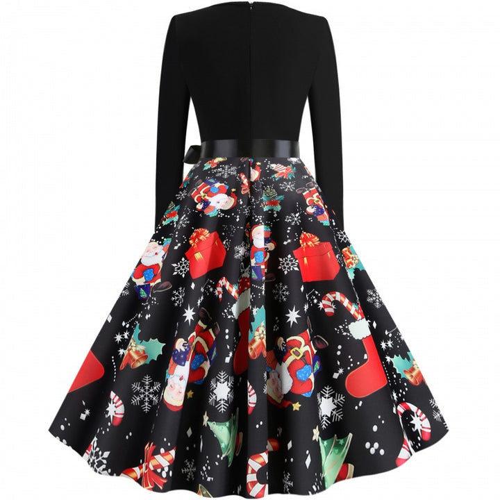Damen Weihnachtliches Vintage-Swingkleid mit Santa- und Zuckerstangen-Print, tailliertem Oberteil und Satinschleife Drune