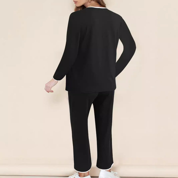 Damen Zweiteiliges Lounge-Set aus weichem Jersey mit V‑Ausschnitt, Langarm-Oberteil und weitem Palazzohosenbein Drune