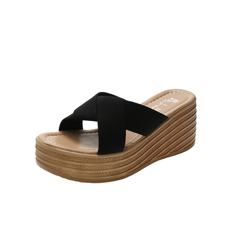 Damen Wedge-Pantoletten mit elegantem überkreuztem Riemendesign und komfortablem Hochplateau Drune