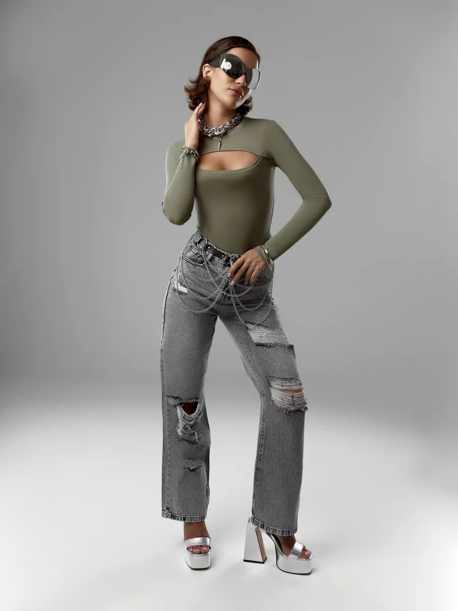 Damen Langarmshirt mit kreativem Ausschnitt und feiner Rippstruktur