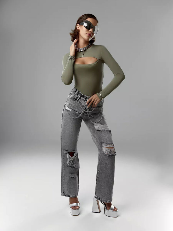 Damen Langarmshirt mit kreativem Ausschnitt und feiner Rippstruktur