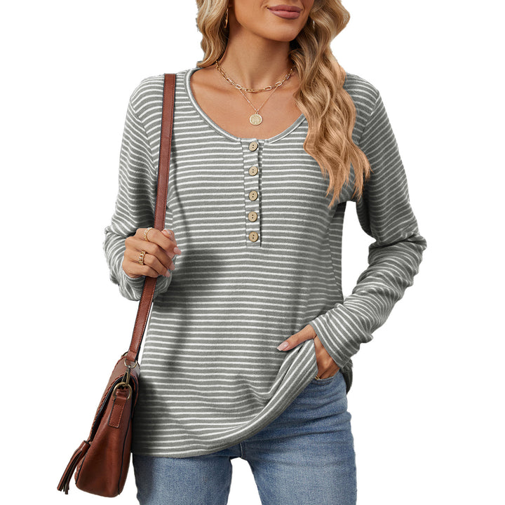 Damen gestreiftes Langarmshirt mit Knopfleiste und lässiger Passform Drune