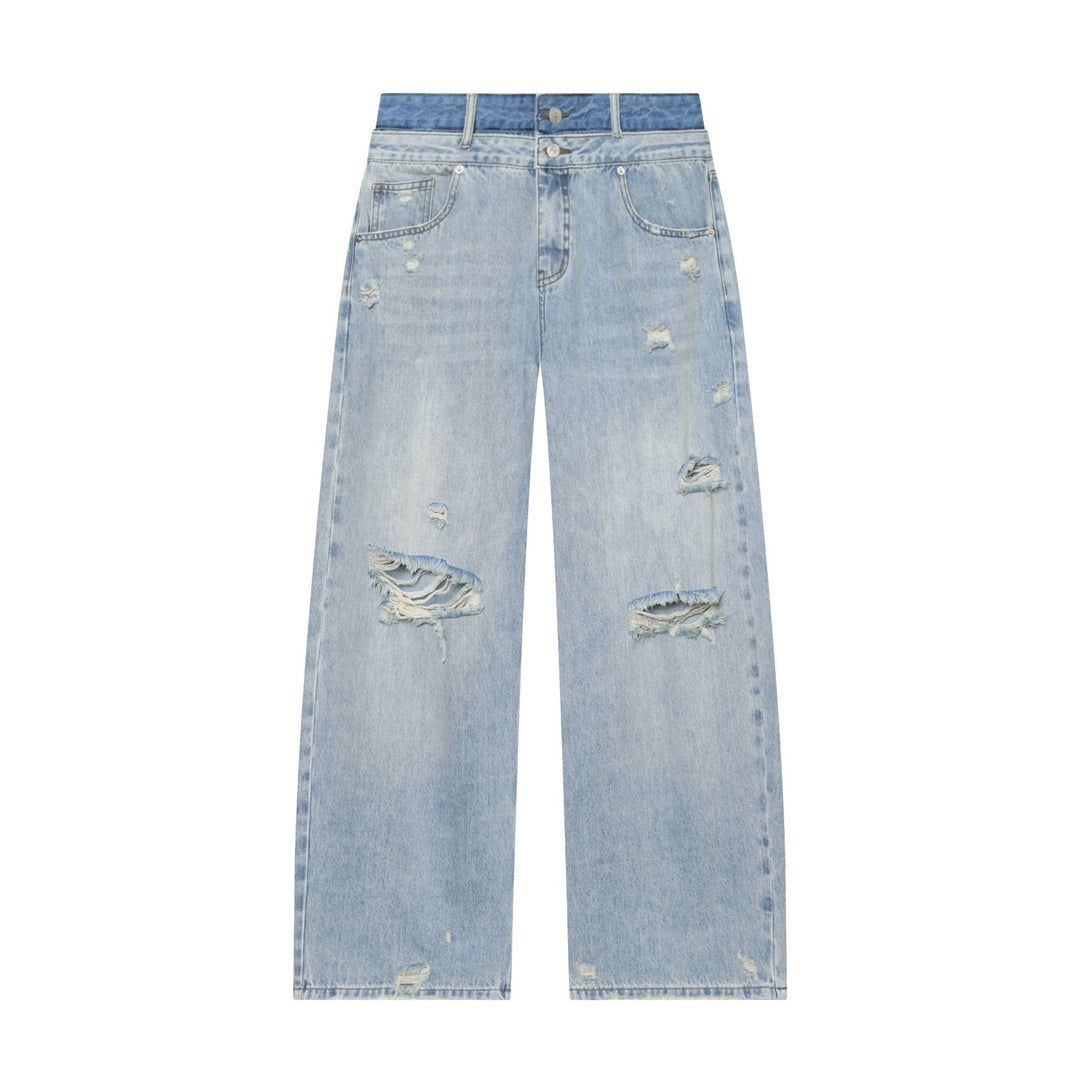 Damen nan weite zerrissene Jeans mit hoher Taille und Bindeband Drune