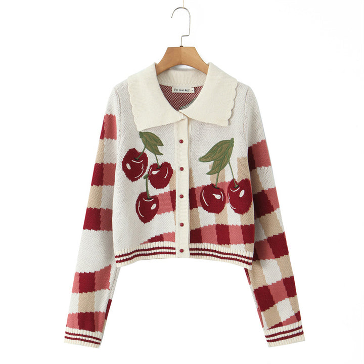 Damen cropped Strickjacke mit Kirschenmuster und durchgehendem Knopfverschluss Drune