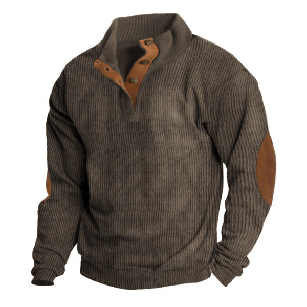 Herren nan rustikaler gerippter Pullover mit Henley-Kragen und lederartigen Ellbogenbesätzen Drune
