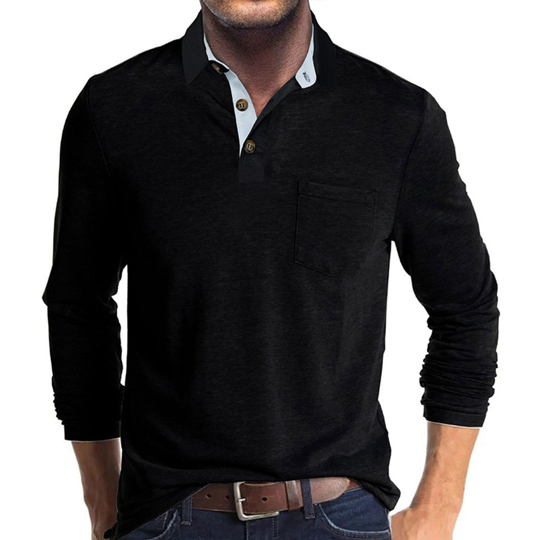 Herren langärmliges Polohemd mit Brusttasche, Kontrastknopfleiste und legerer Stretch-Passform Drune