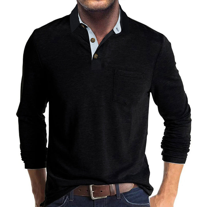 Herren langärmliges Polohemd mit Brusttasche, Kontrastknopfleiste und legerer Stretch-Passform Drune