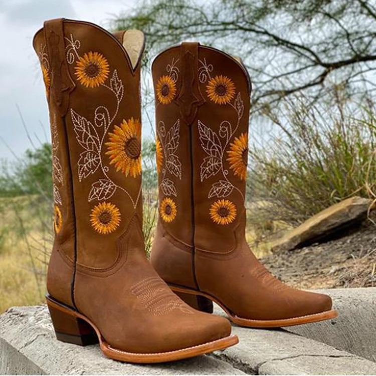 Damen Western-Stiefel mit Sonnenblumen-Stickerei und mittelhohem Blockabsatz Drune