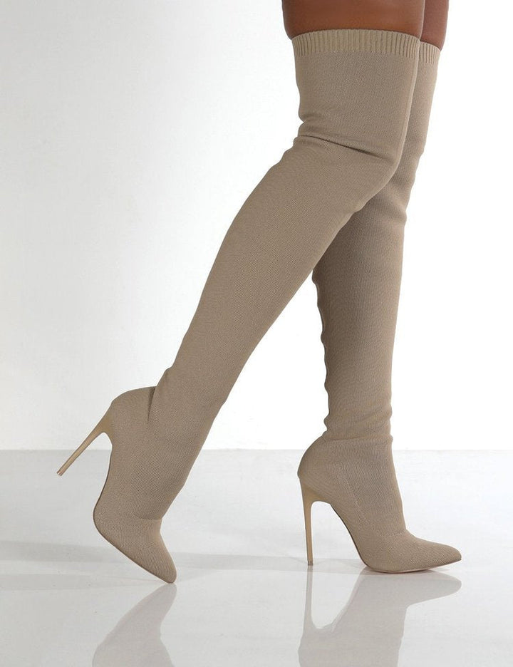 Damen Overknee Stiefel mit elegantem spitzem Absatz und modischem Strickdesign Drune