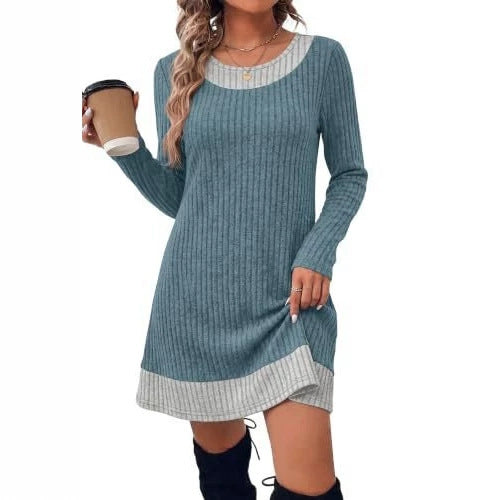 Damen Gerippte Longshirt‑Kleid mit Karierter Saum‑ und Ausschnittblende Drune