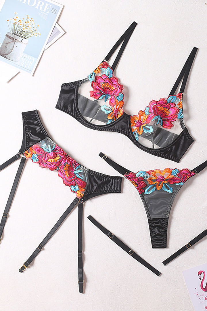 Drune | Satin Durchsichtige Blumen 3 Teile Lingerie Set