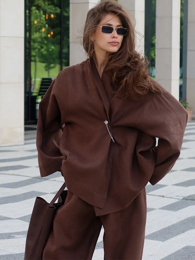 Damen Oversized Wickelblazer mit Sicherheitsnadel & weiter Anzughose Drune
