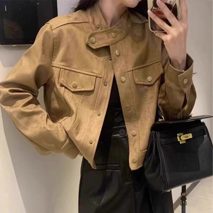 Damen Modische Kurzjacke im Stilmix mit Taschen und Knopfdetails Drune