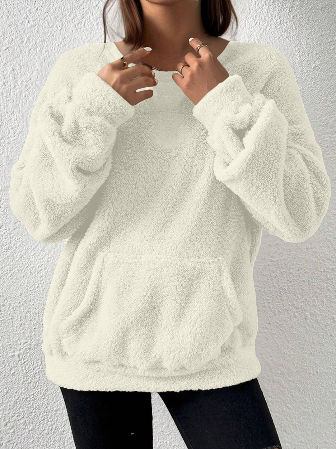 Damen Kuscheliger Teddy-Fleece-Pullover mit Kängurutasche Drune