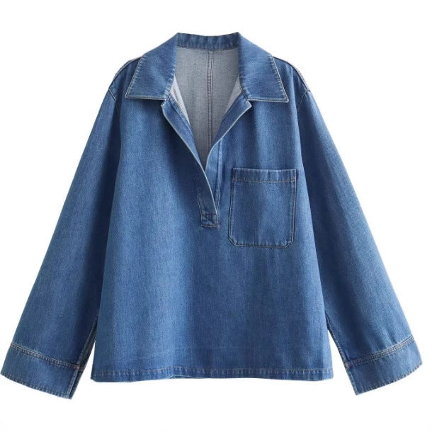 Damen 200+ Oversize Denim‑Hemdbluse mit V‑Ausschnitt und Brusttasche Drune