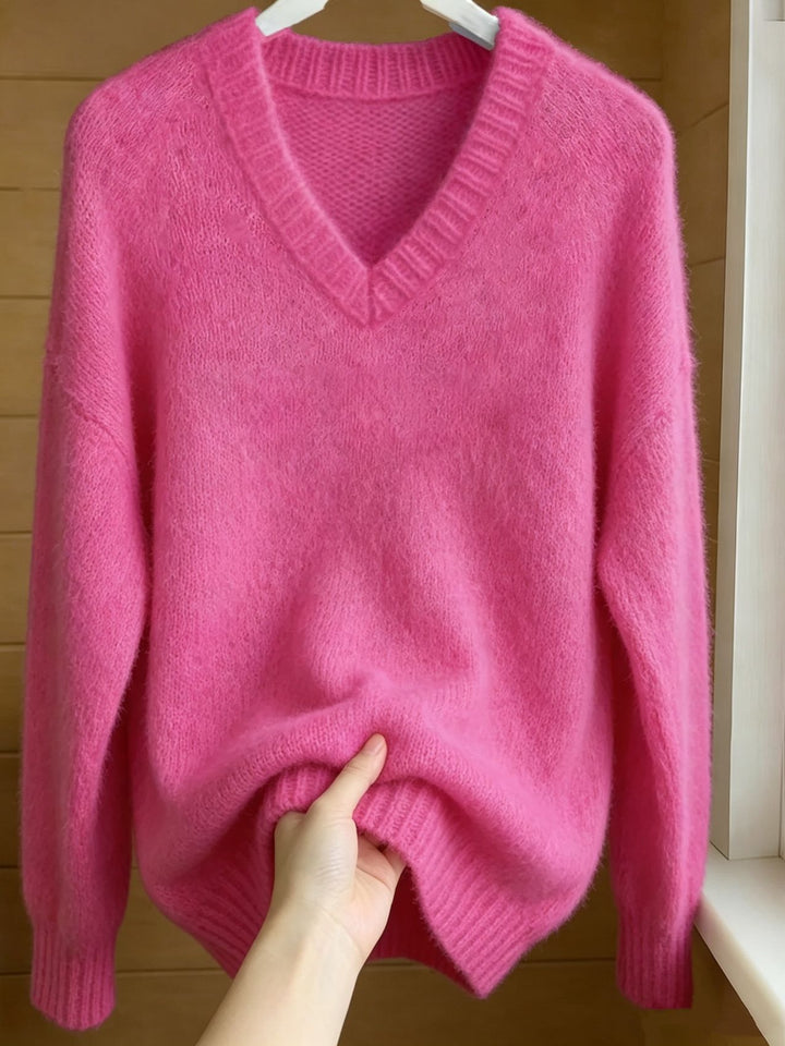 Damen Flauschiger Mohair-Mix Oversize-Pullover mit tiefem V-Kragen Drune