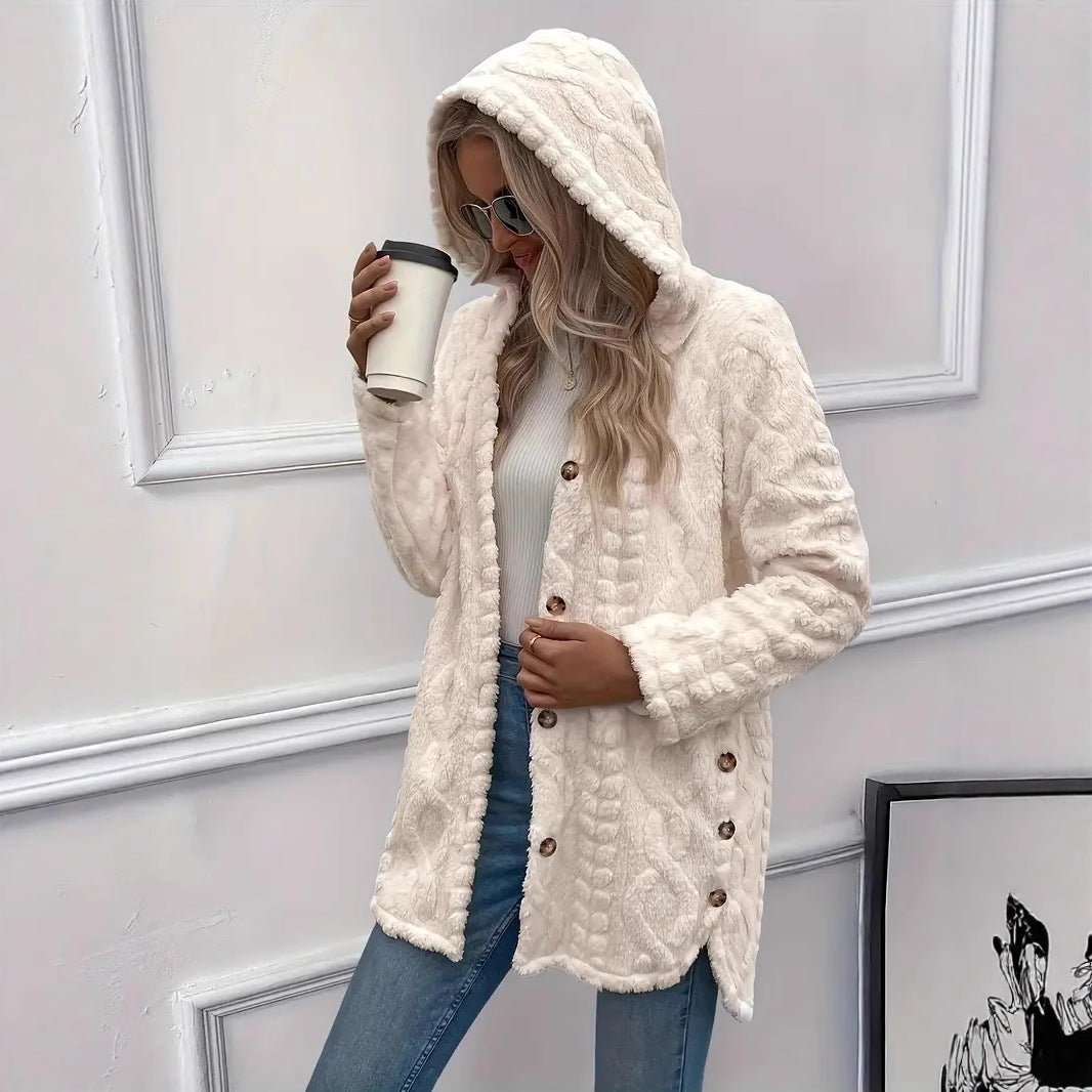 Damen Plüschjacke mit Kapuze und Knopfverschluss Drune