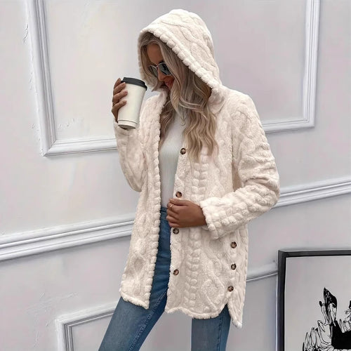 Damen Plüschjacke mit Kapuze und Knopfverschluss Drune