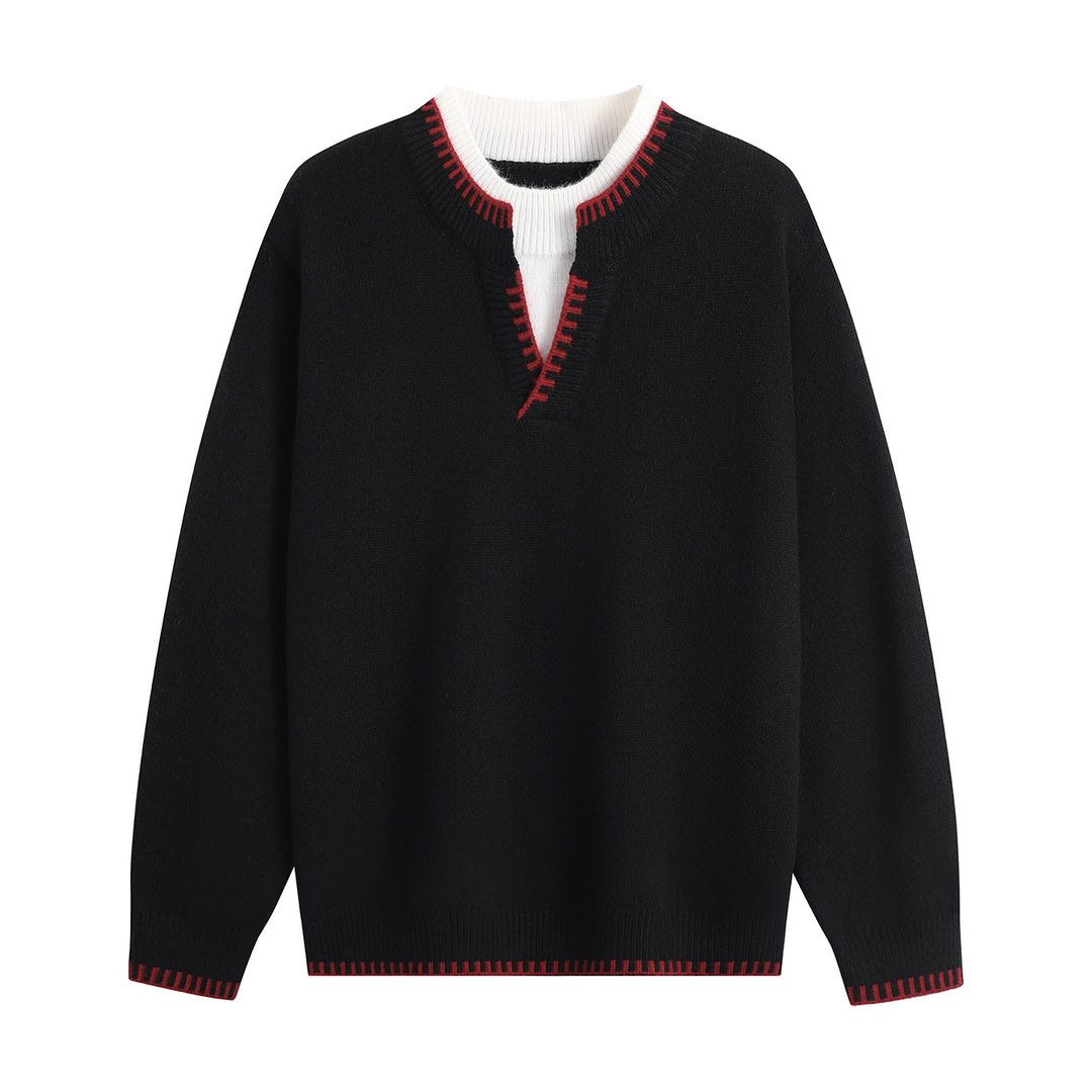Unisex Oversize-Feinstrickpullover mit V-Notch & kontrastiertem Rippenkragen Drune