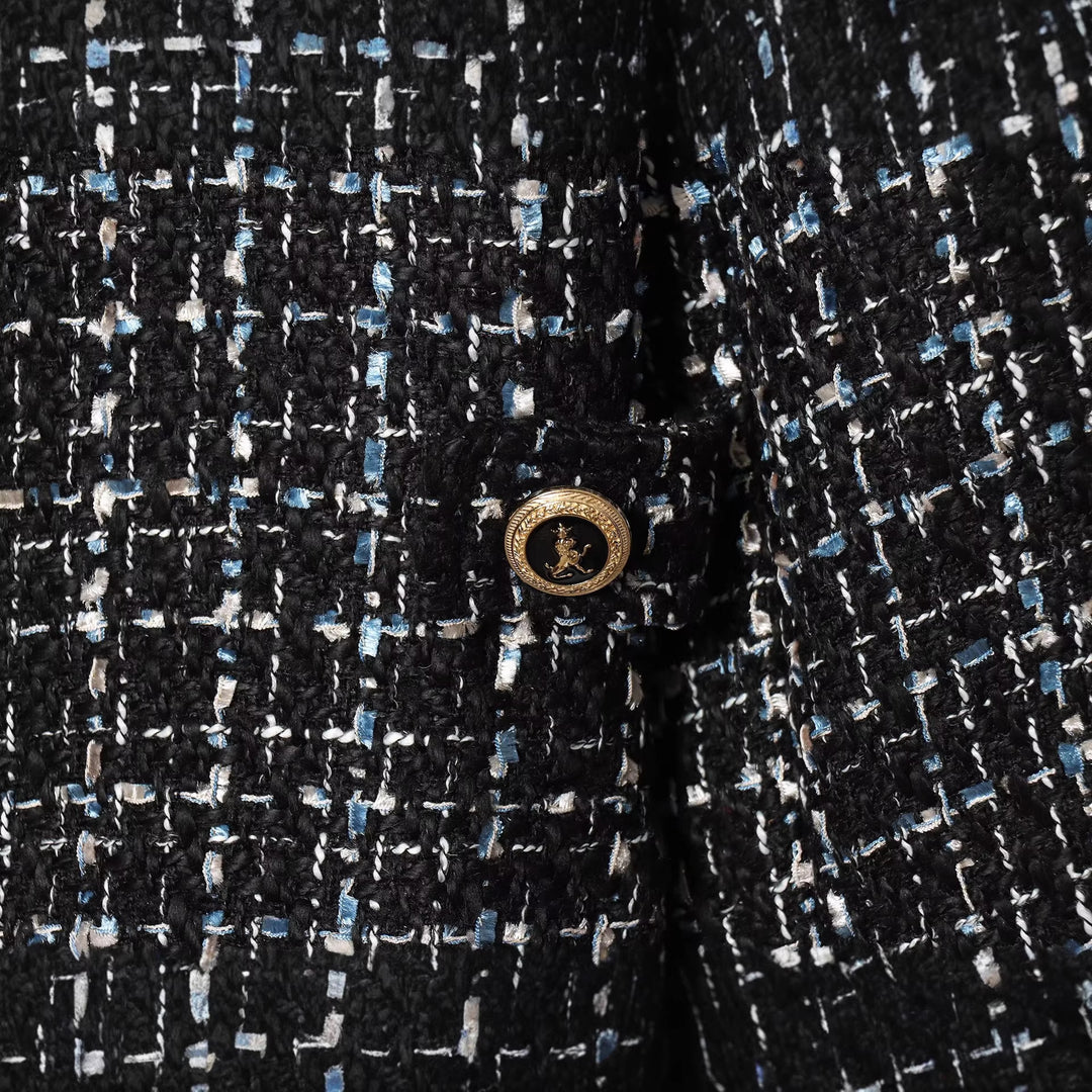 Damen Bouclé‑Tweed‑Cropped‑Jacke mit Stehkragen und goldfarbenen Schmuckknöpfen Drune