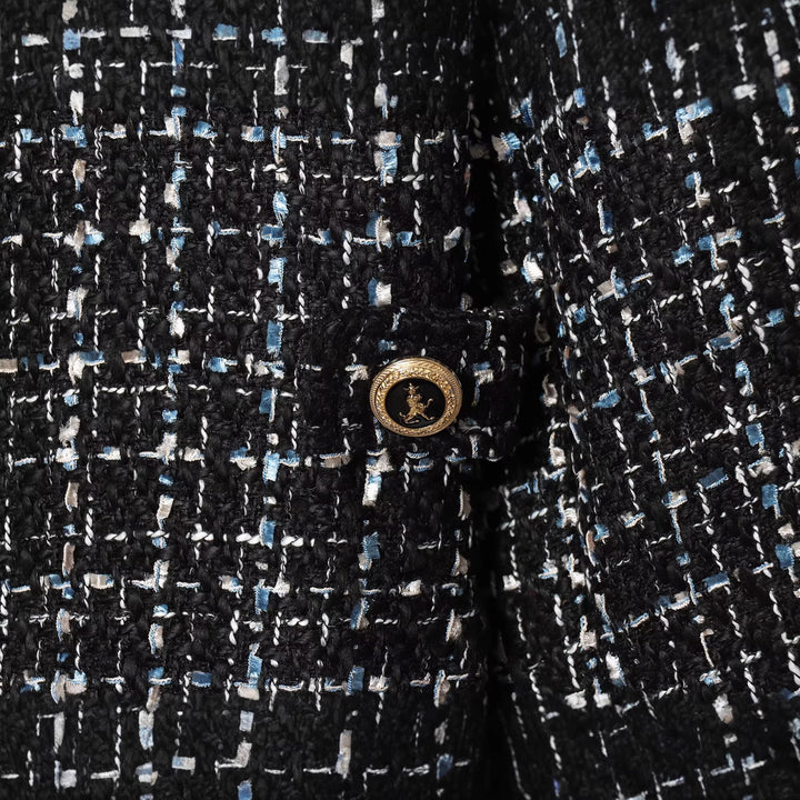 Damen Bouclé‑Tweed‑Cropped‑Jacke mit Stehkragen und goldfarbenen Schmuckknöpfen Drune