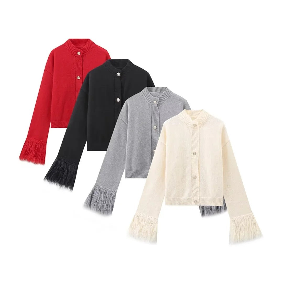 Damen lässige Strickjacke mit dekorativen Fransen und hochwertigen Knöpfen Drune