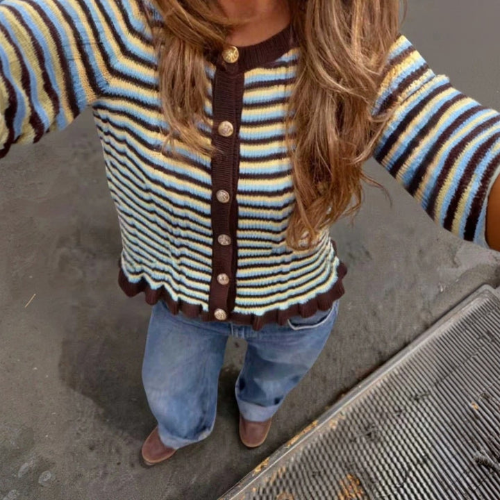 Damen Gerippte Kurzcardigan mit Rüschenbündchen & Statement‑Knöpfen Drune