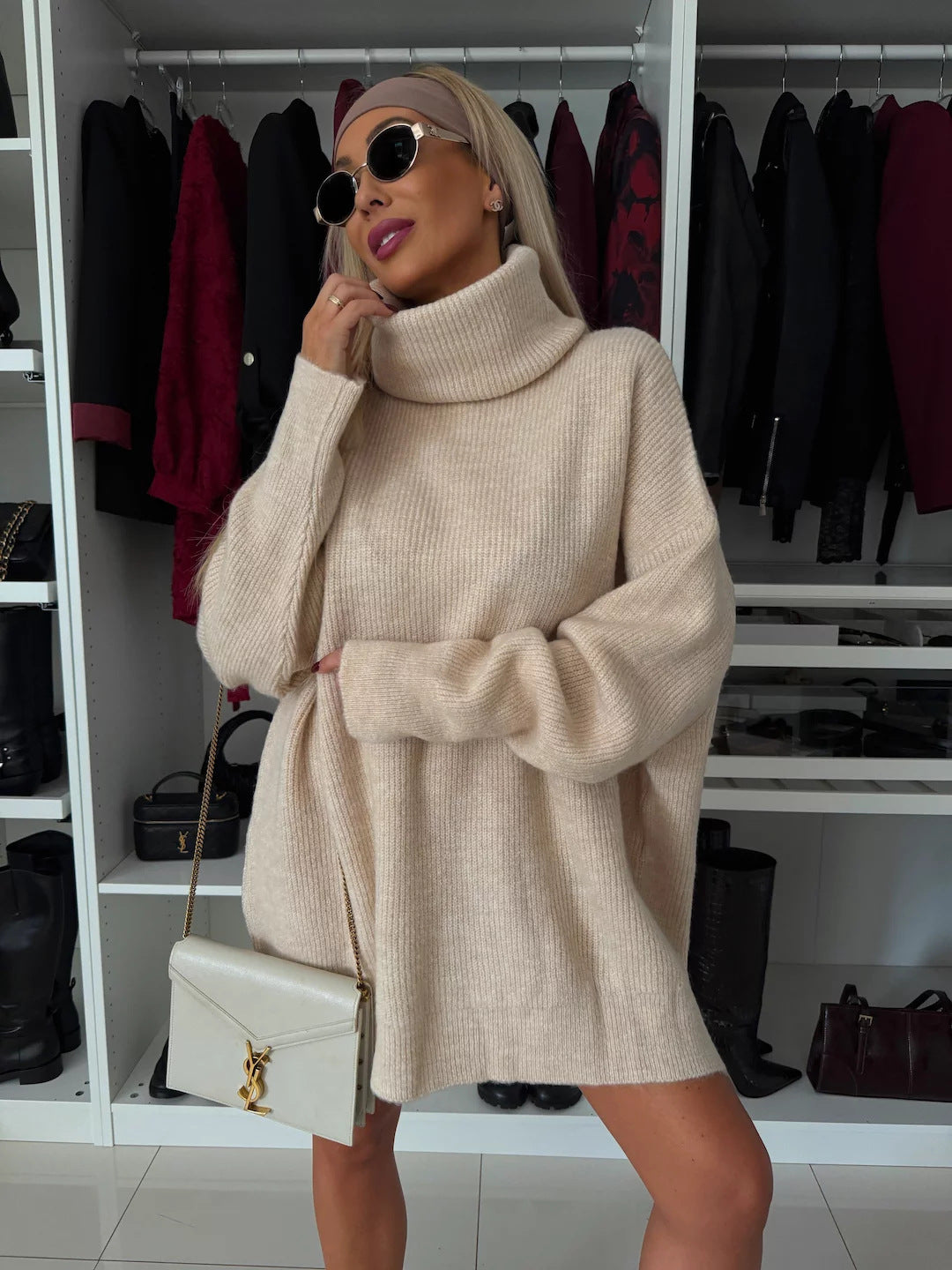 Damen oversized Rollkragen-Strickkleid mit weitem Schnitt, überschnittener Schulter und extraweichen Rippbündchen Drune