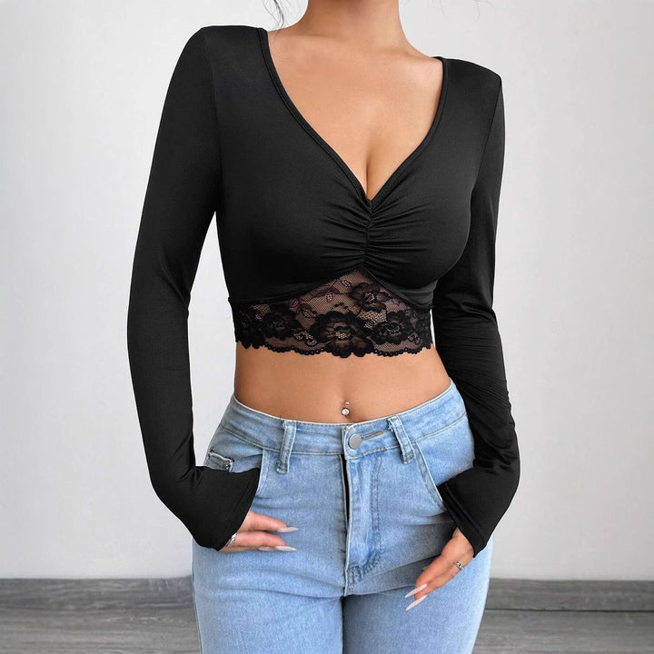 Damen nan tailliertes Langarm-Crop-Top mit tiefem V-Ausschnitt, Raffung und Spitzensaum Drune