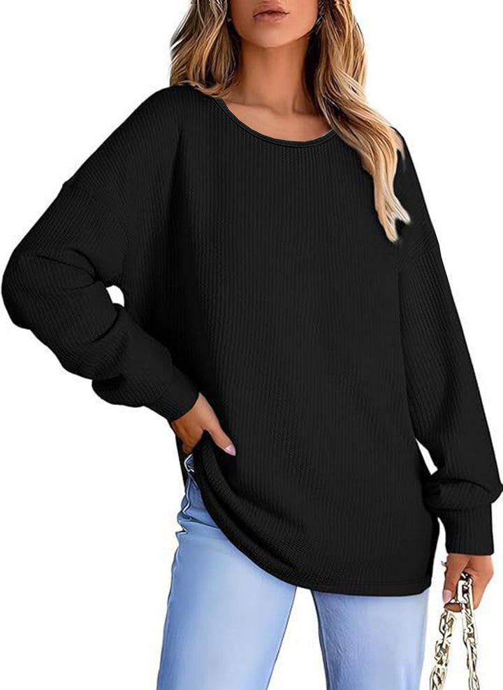 Damen Oversize Waffelstrickpullover mit Rundhals, Ballonärmeln und verlängertem Saum Drune