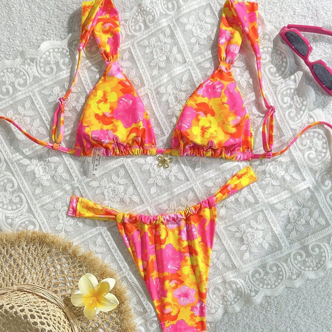 Damen Blütenmuster Triangel-Bikini mit verstellbaren Trägern Drune