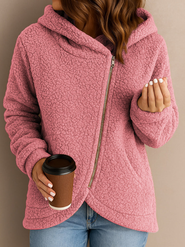 Damen Flauschige Kapuzenjacke mit asymmetrischem Reißverschluss Drune