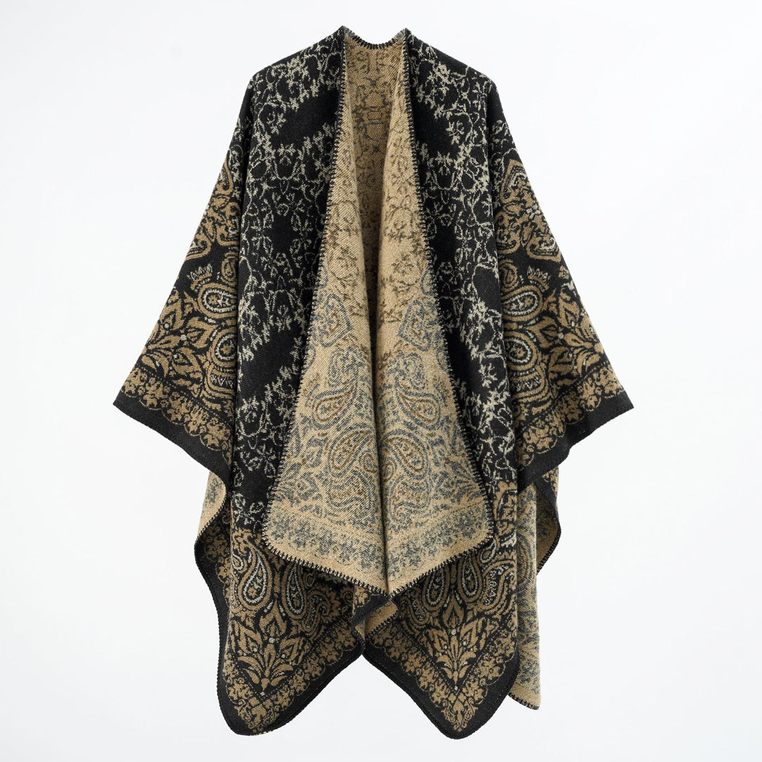 Damen Überwurfponcho im Double-Face‑Jacquard mit Paisley‑Inspiration und Zierstichkante Drune