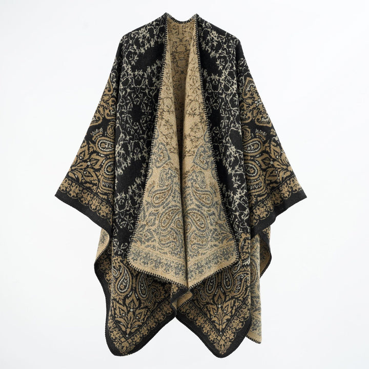 Damen Überwurfponcho im Double-Face‑Jacquard mit Paisley‑Inspiration und Zierstichkante Drune